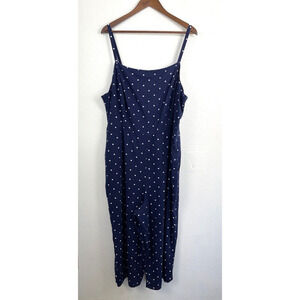 Old Navy Linen Jumpsuit Womens Size XXL Blue White Dot Wide Leg Smocked Coastal